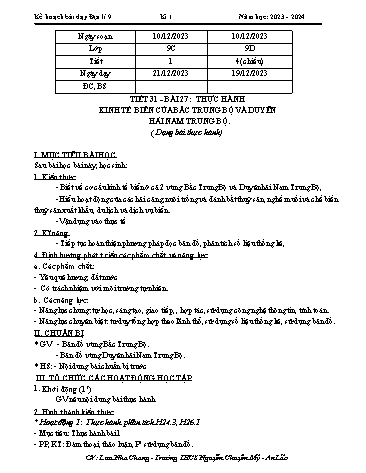 Giáo án Địa lí 9 - Bài 27: Thực hành Kinh tế biển Bắc Trung Bộ và Duyên hải Nam Trung Bộ (Tiết 29) - Năm học 2023-2024 - Lưu Nha Chang