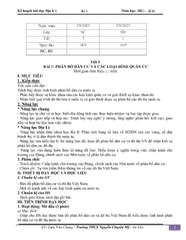 Giáo án Địa lí 9 - Bài 3: Phân bố dân cư và các loại hình quần cư - Năm học 2023-2024 - Lưu Nha Chang