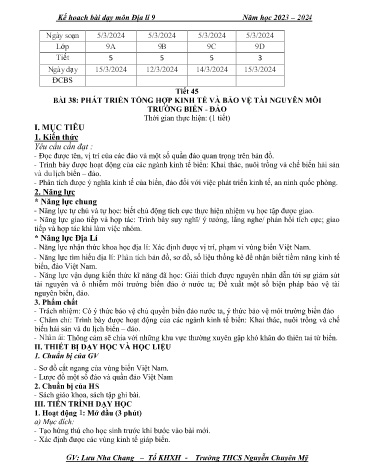 Giáo án Địa lí 9 - Bài 38: Phát triển tổng hợp kinh tế và bảo vệ tài nguyên môi trường biển - đảo (Tiết 45) - Năm học 2023-2024 - Lưu Nha Chang