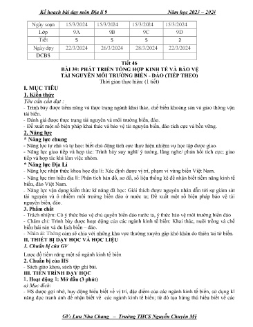 Giáo án Địa lí 9 - Bài 39: Phát triển tổng hợp kinh tế và bảo vệ tài nguyên môi trường biển - đảo (Tiết 46) - Năm học 2023-2024 - Lưu Nha Chang