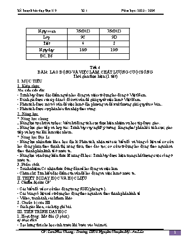 Giáo án Địa lí 9 - Bài 4: Lao động và việc làm. chất lượng cuộc sống - Năm học 2023-2024 - Lưu Nha Chang