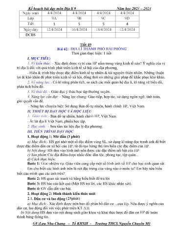 Giáo án Địa lí 9 - Bài 42: Địa lí Thành phố Hải Phòng (Tiết 49) - Năm học 2023-2024 - Lưu Nha Chang