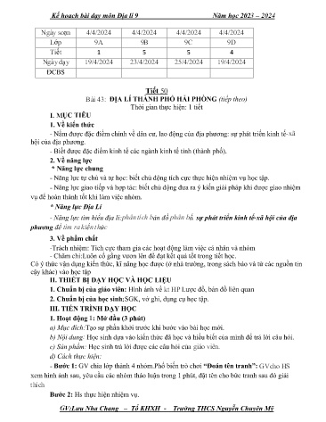 Giáo án Địa lí 9 - Bài 43: Địa lí Thành phố Hải Phòng (Tiết 50) - Năm học 2023-2024 - Lưu Nha Chang