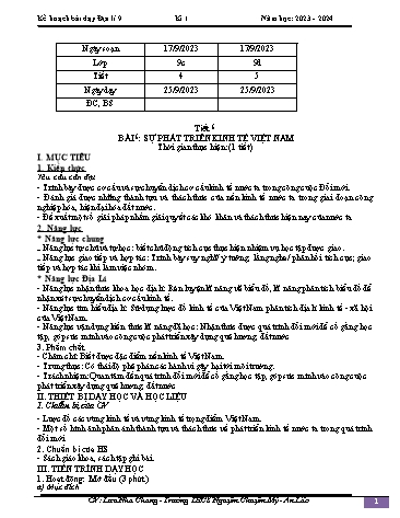 Giáo án Địa lí 9 - Bài 6: Sự phát triển kinh tế Việt Nam - Năm học 2023-2024 - Lưu Nha Chang