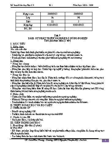 Giáo án Địa lí 9 - Bài 8: Sự phát triển và phân bố nông nghiệp - Năm học 2023-2024 - Lưu Nha Chang
