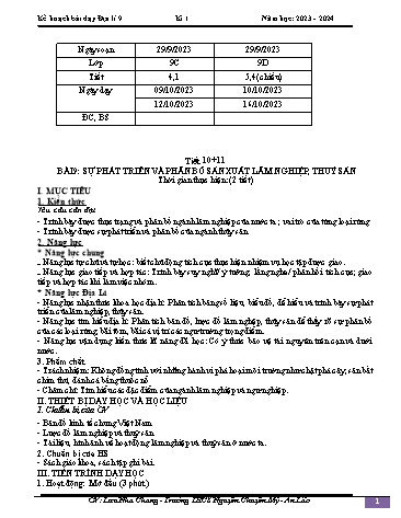 Giáo án Địa lí 9 - Bài 9: Sự phát triển và phân bố sản xuất lâm nghiệp, thuỷ sản - Năm học 2023-2024 - Lưu Nha Chang