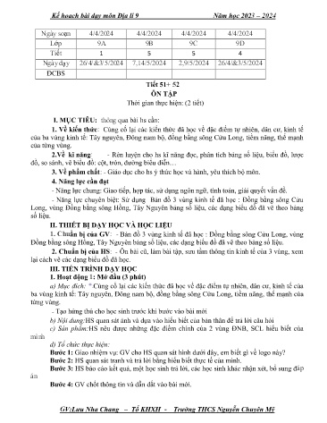 Giáo án Địa lí 9 - Tiết 51+52: Ôn tập - Năm học 2023-2024 - Lưu Nha Chang