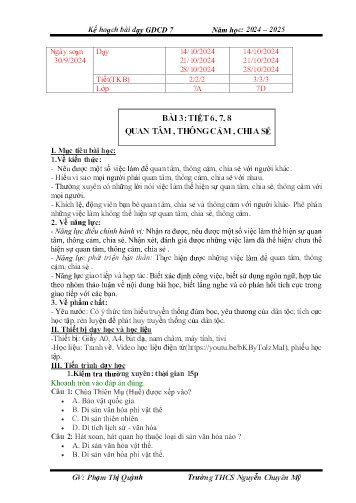 Giáo án Giáo dục công dân 7 - Bài 3: Quan tâm, thông cảm, chia sẻ - Năm học 2024-2025 - Phạm Thị Quỳnh
