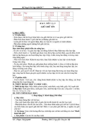 Giáo án Giáo dục công dân 7 - Bài 5: Giữ chữ tín - Năm học 2024-2025 - Phạm Thị Quỳnh