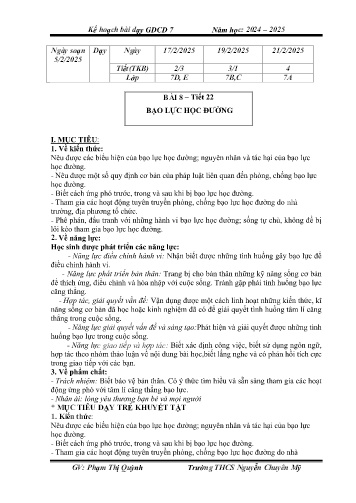 Giáo án Giáo dục công dân 7 - Bài 8: Bạo lực học đường - Năm học 2024-2025 - Phạm Thị Quỳnh