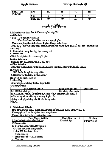 Giáo án giáo dục công dân 8 - Bài 1: Tôn trọng lẽ phải - Năm học 2022-2023 - Nguyễn Thị Hạnh