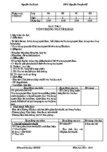 Giáo án giáo dục công dân 8 - Bài 2: Tôn trọng ngườ khác - Năm học 2022-2023 - Nguyễn Thị Hạnh