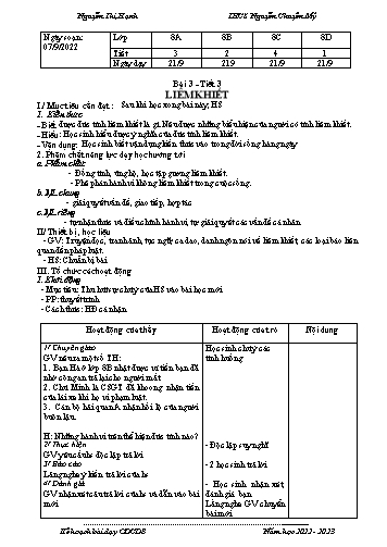 Giáo án giáo dục công dân 8 - Bài 3: Liêm khiết - Năm học 2022-2023 - Nguyễn Thị Hạnh
