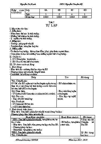 Giáo án giáo dục công dân 8 - Bài 7: Tự lập - Năm học 2022-2023 - Nguyễn Thị Hạnh