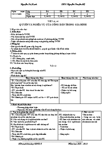 Giáo án giáo dục công dân 8 - Tiết 13+14: Quyền và nghĩa vụ của công dân trong gia đình - Năm học 2022-2023 - Nguyễn Thị Hạnh