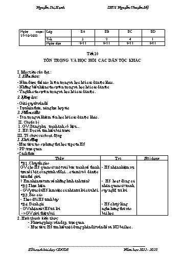 Giáo án giáo dục công dân 8 - Tôn trọng và học hỏi các dân tộc khác - Năm học 2022-2023 - Nguyễn Thị Hạnh