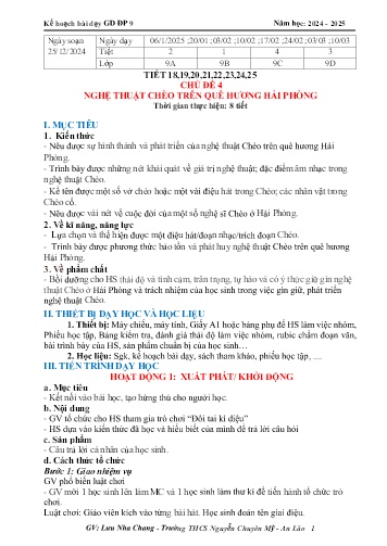 Giáo án Giáo dục địa phương 9 - Chủ đề 4: Nghệ thuật chèo trên quê hương Hải Phòng - Năm học 2024-2025 - Lưu Nha Chang