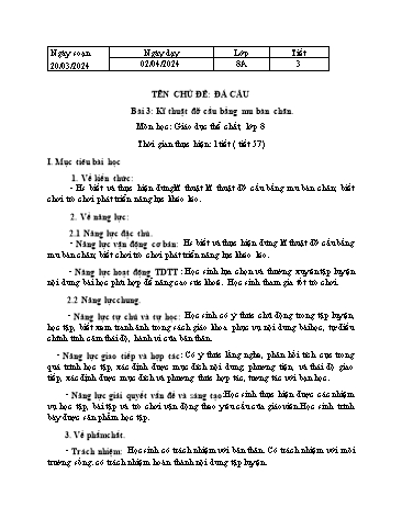 Giáo án Giáo dục thể chất 8 - Bài 3: Kĩ thuật đỡ cầu bằng mu bàn chân