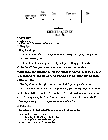Giáo án Giáo dục thể chất 8 - Tiết 54: Kiểm tra giữa kỳ đá cầu - Năm học 2023-2024