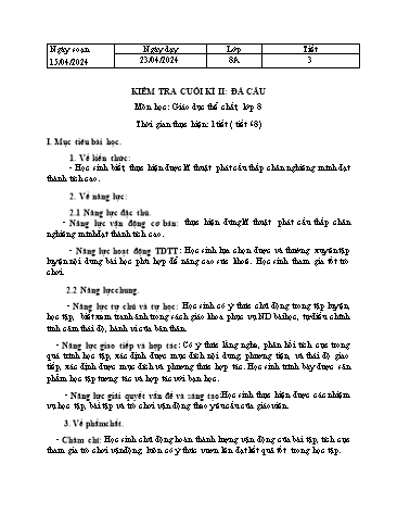 Giáo án Giáo dục thể chất 8 - Tiết 68: Kiểm tra cuối kì II - Năm học 2023-2024
