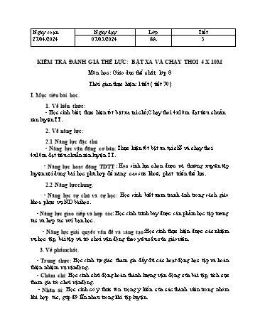 Giáo án Giáo dục thể chất 8 - Tiết 70 - Năm học 2023-2024