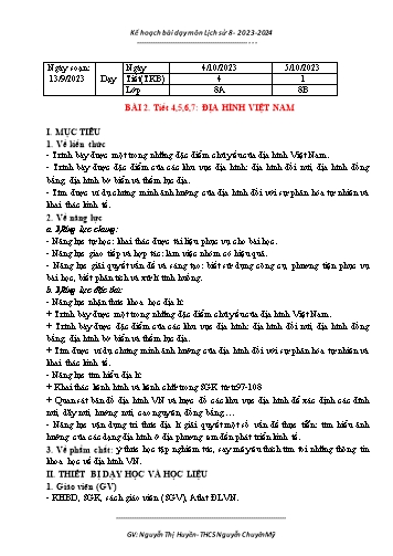 Giáo án Lịch sử 8 - Bài 2: Địa hình Việt Nam - Năm học 2023-2024 - Nguyễn Thị Huyền