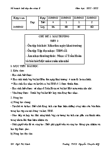 Kế hoạch bài dạy Âm nhạc 8 - Chủ đề 1: Mái trường - Năm học 2022-2023 - Ngô Thị Hạnh