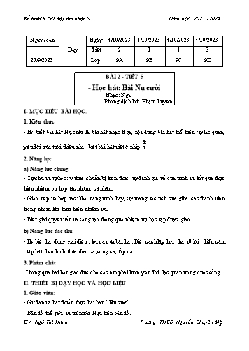 Kế hoạch bài dạy Âm nhạc 9 - Chủ đề 1: Mái trường (Tiết 5) - Năm học 2023-2024 - Ngô Thị Hạnh