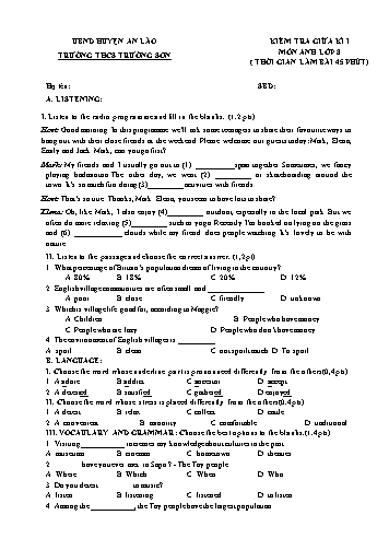 Ma trận + Đề kiểm tra giữa kì I Tiếng Anh 8 - Năm học 2023-2024 - Trường THCS Trường Sơn (Có đáp án + File nghe)